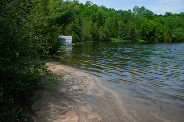 A partially submerged corrugated metal culvert near the edge of a forested lake. Capturing a rustic yet harmonious interaction of industrial with nature.