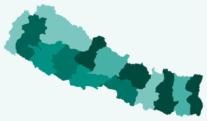 Map of Nepal with regions. Just a simple country border map with region division. Teal color palette. Plain Nepal shape with administrative division. Vector illustration.