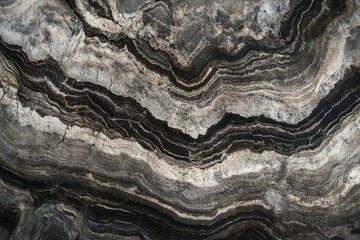 Naklejka premium Striking image of layered sedimentary rock formation exhibiting dark and light bands, showcasing geological processes.