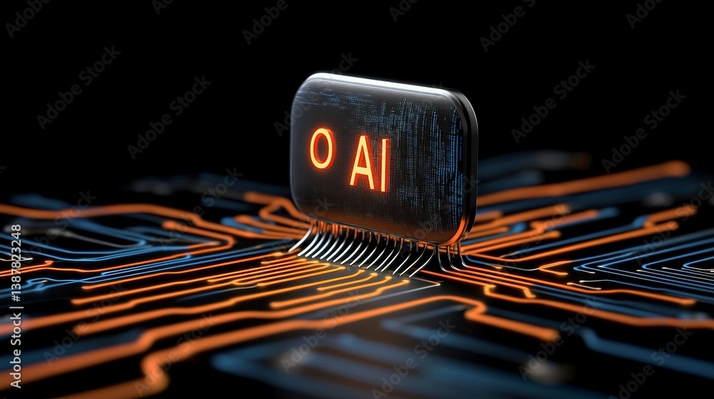 Poster futuristic microchip with ai letters illuminated against black background