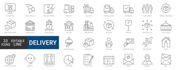Delivery, shipping, and logistics icons set, editable line icon pack. transportation, courier, parcel, warehouse, supply chain, shipping symbols. simple vector collection.