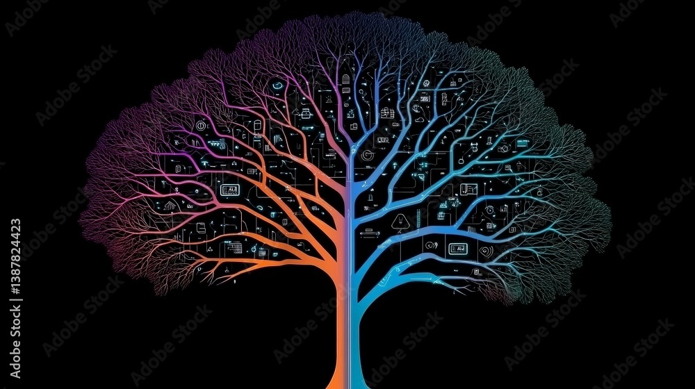 Aufkleber abstract tree design with colorful technology icons and symbols