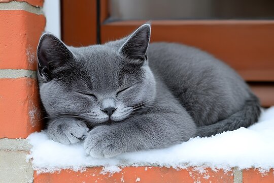 Sleepy Gray Kitten in Snow