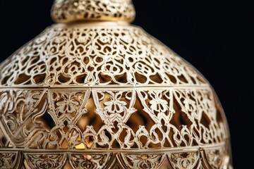 Intricate gold lantern with arabesque patterns, showcasing delicate craftsmanship and a warm inner glow.