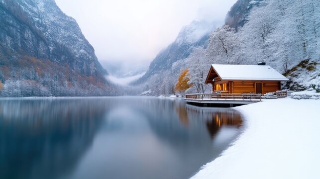 A snow-covered wooden cabin sits on a lakes edge, nestled between snow-dusted mountains. The calm lake reflects the mountains and cabin. The image is high-resolution, showcasing crisp detail and sof