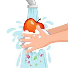 Hands washing dirty apple with soap and foam under running water. Concept of health and hygiene. Wash fruits. Prevent viruses and bacterias. Vector illustration