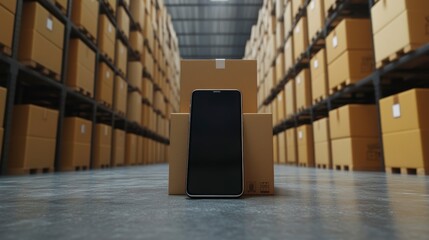 Smartphone on cardboard boxes in a large warehouse.