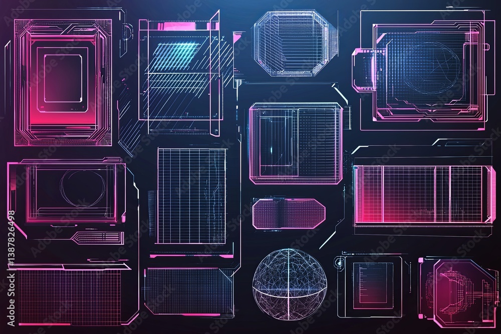 Poster futuristic interface elements with neon design for technology background, abstract geometric shapes 
