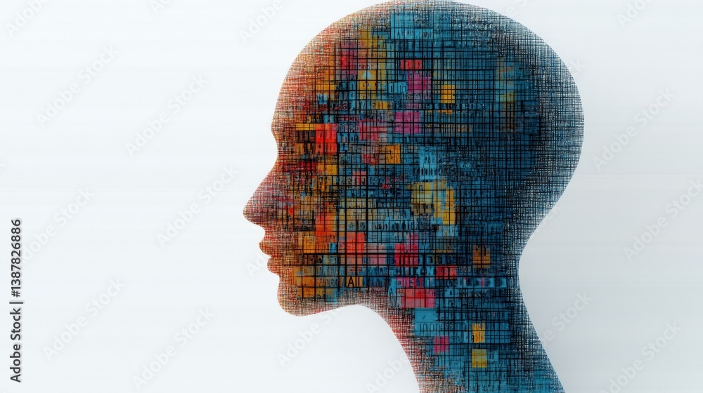 Poster abstract profile of digital human with colorful geometric patterns