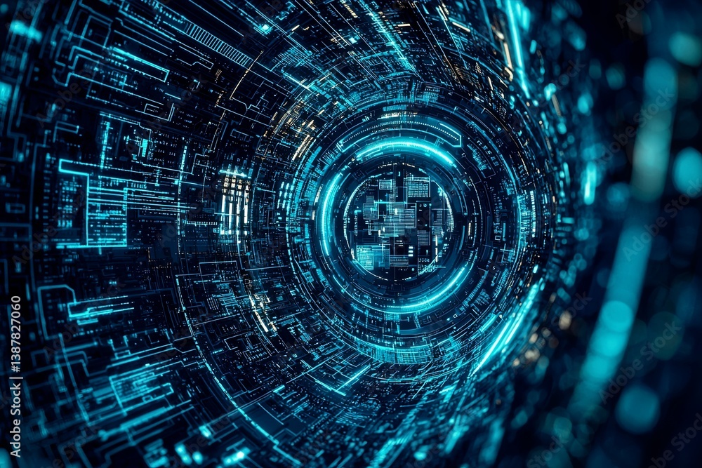 Poster abstract digital landscape with blue neon circuits and data flow creating a futuristic technology en
