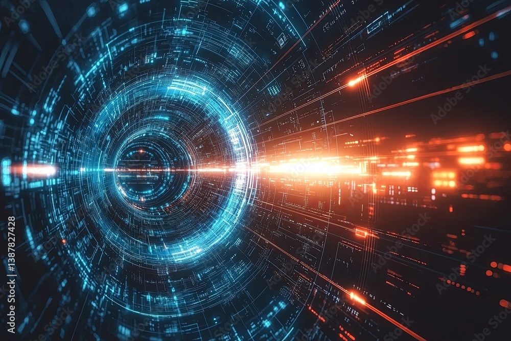 Poster futuristic data stream flowing through digital tunnel with blue and orange light glowing in a high-t