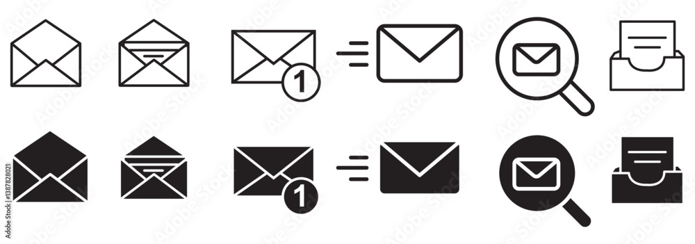 Poster set of mail envelope icon in linear style. closed envelope, opened letter, with checkmark and email.