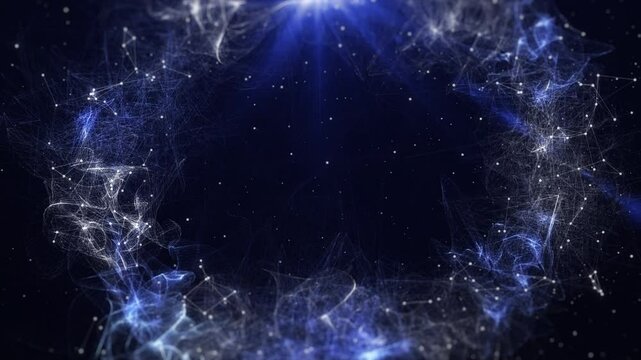 Technology vibrant circle nebula zoom in scene. Abstract fractal plexus pattern 4K motion background