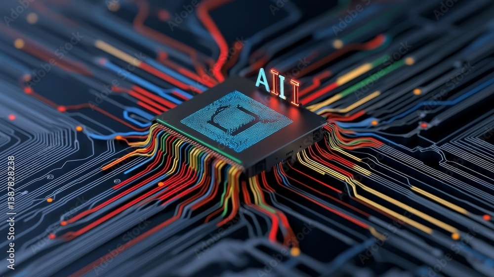 Poster colorful circuit board with ai processor and vibrant connections