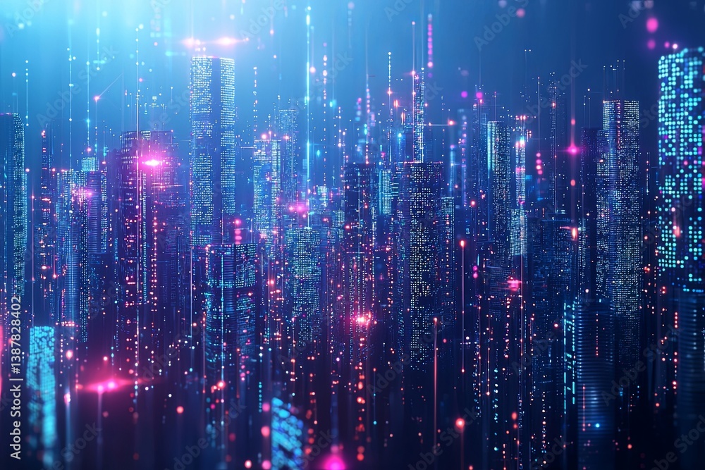 Poster futuristic cityscape with neon lights and digital particles floating in the air, exemplifying advanc