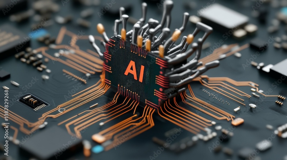 Poster advanced ai chip on circuit board with bright connections and details