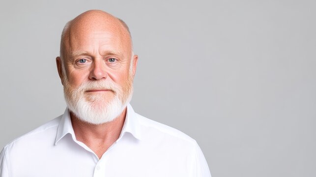 A high-resolution photo shows a bald, older man with a white beard. He wears a white collared shirt. The neutral gray background is simple. The lighting is even and soft, creating a calm mood. The st