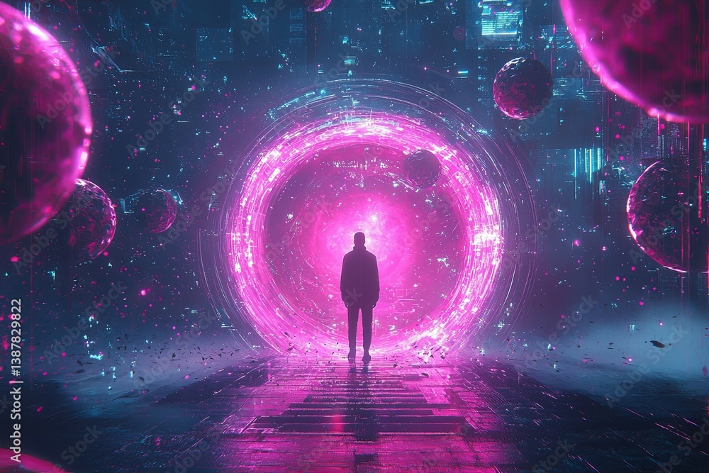 Aufkleber mysterious figure standing in front of a vibrant portal surrounded by floating cosmic spheres in an 