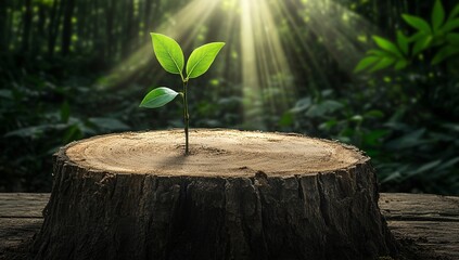 A small sprout emerges from a tree stump in a lush forest, bathed in sunlight.  New life and growth.