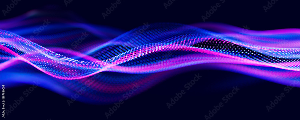 Poster Abstract wave of particles. Big data digital flow concept. LLM learning process, AI technology. Quantum computing. 