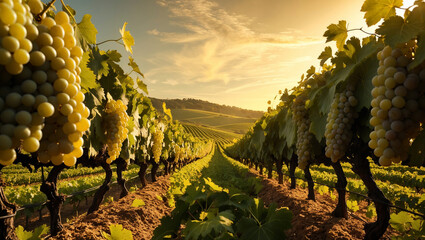 A beautiful vineyard landscape featuring rows of grapevines and a warm, setting sun.