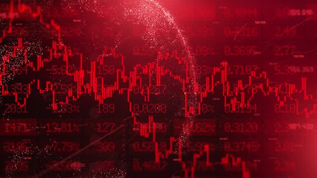 Red candles of the bearish stock market trading. Chart with falling prices. Exchange trading. Stop loss and liquidations. Decreasing trend and losses. Economic crisis. Recession and stocks crash