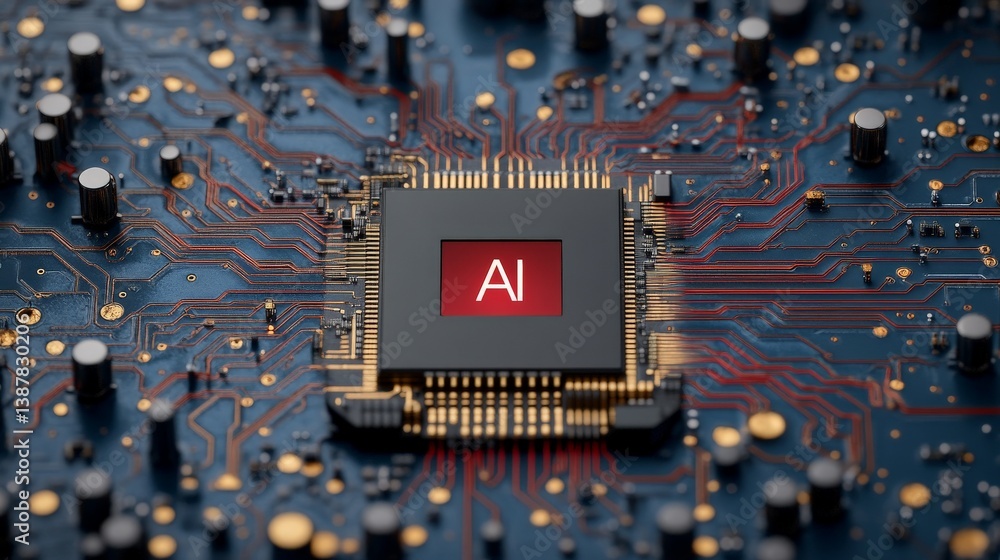 Poster detailed close-up of a circuit board featuring ai microchip technology
