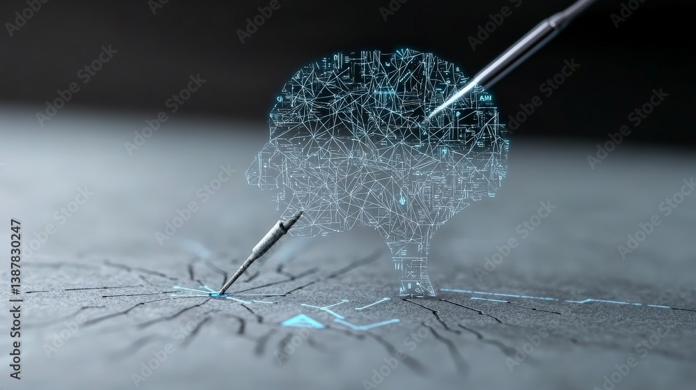 Poster digital brain concept with neural network design and stylus pen