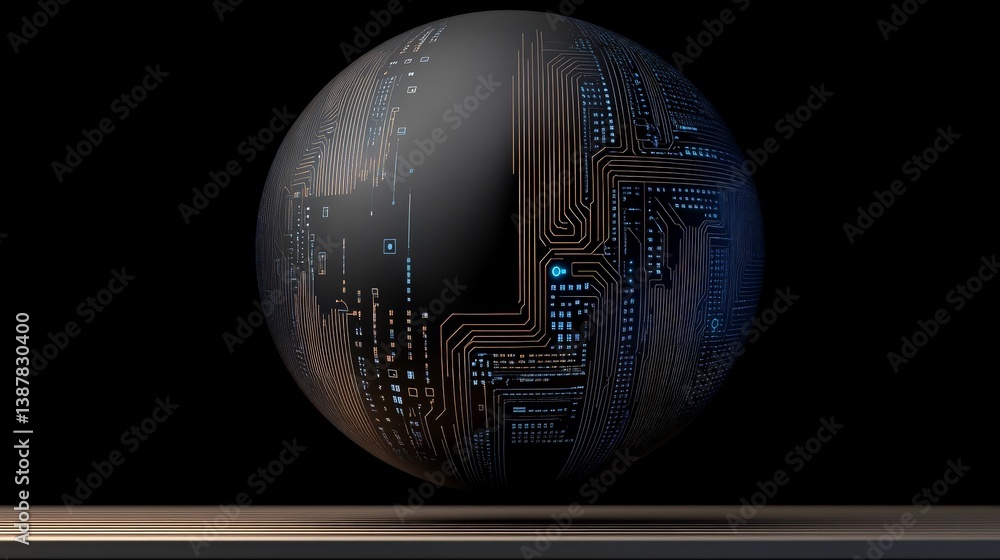 Poster abstract sphere with circuit pattern and blue highlights on black background