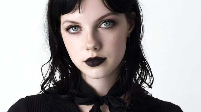 portrait of a gothic girl with black hair and chains on a white background