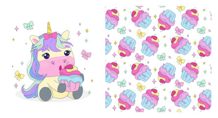 Adorable vector illustration of a colorful unicorn joyfully eating a cupcake with a seamless cupcake pattern on the side. Ideal for children s products, stationery, and decorations.