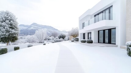 Obraz premium A snow-covered modern house with large windows and a balcony sits prominently. Landscaped shrubs and trees dusted with snow surround it. The high-resolution image features crisp details and natural