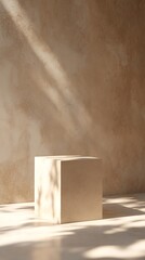 Cube Beige Podium on Floor, Wall Backdrop, Harsh Sunlight, Tree Shadows, 3D Render