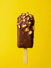 Obraz premium A chocolate-coated ice cream bar with nutty texture set against a vibrant yellow background