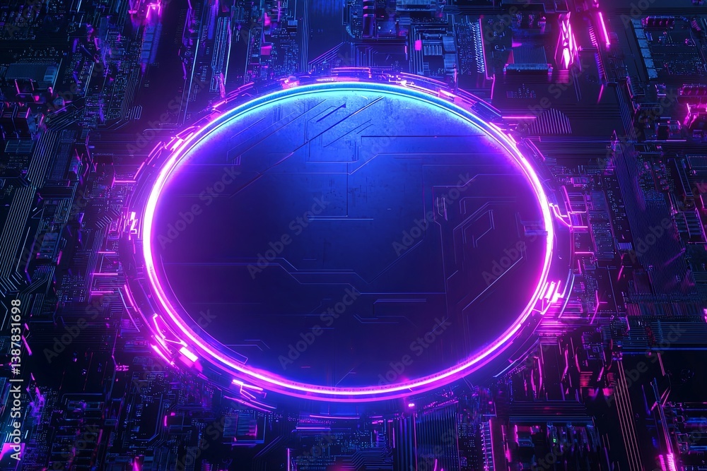 Poster abstract futuristic background featuring vibrant neon lights surrounding a circular holographic inte