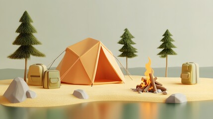 Campsite with tent travel backpack bonfire and elements for camping summer camp traveling trip hiking. Minimal style 3d rendering.