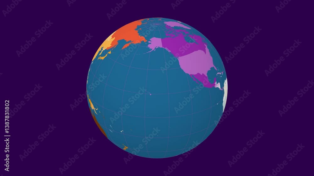 Poster rotating planet. slanted sphere view. slow speed globe rotation. colored countries style. world map 