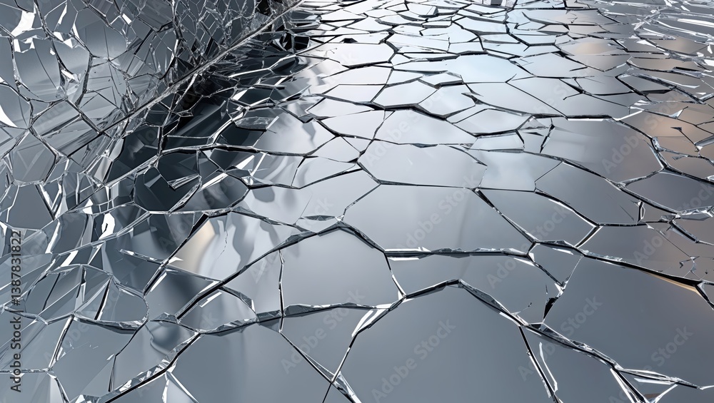 Poster a detailed close-up of a fractured glass surface reflecting light, creating a mosaic pattern with dy