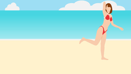 浜辺で夏休みを満喫する女性のイラスト(海水浴)