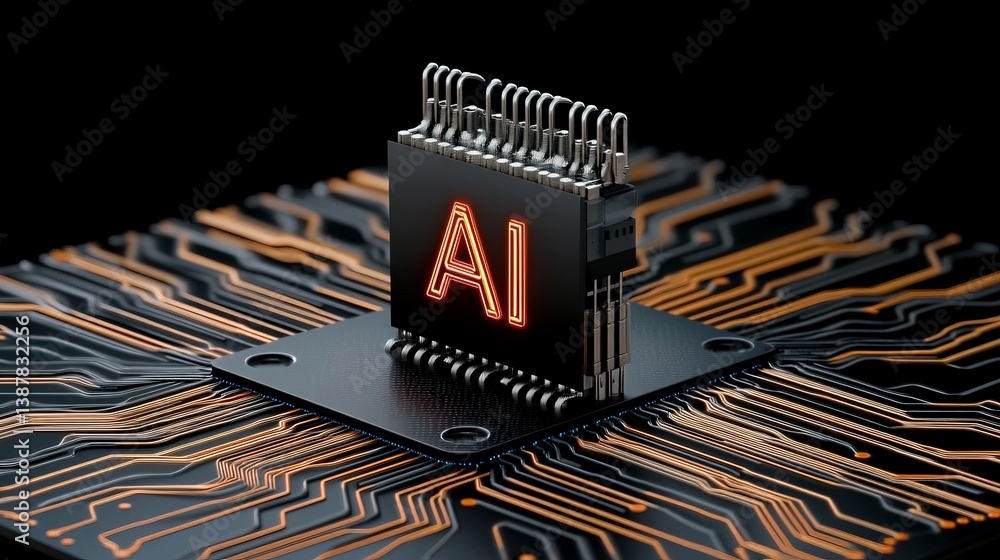 Poster futuristic ai chip with glowing elements on circuit board surface