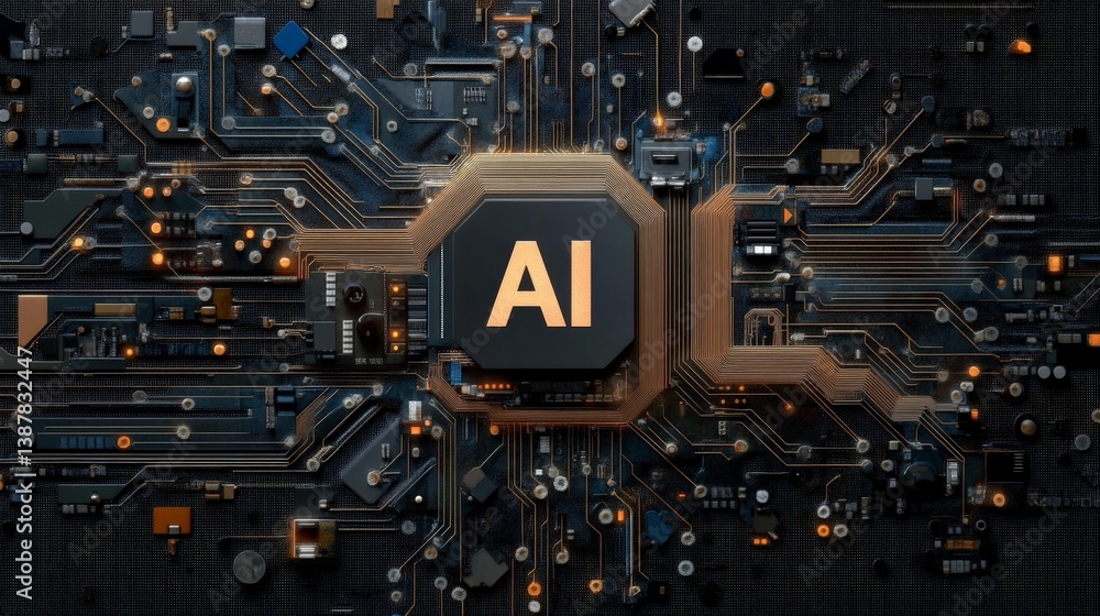 Poster circuit board with ai concept and electronic components background