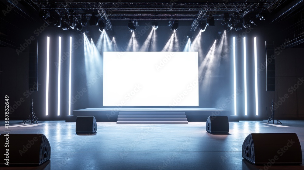 Poster empty stage with bright lights, large blank screen, and sound system, ready for a performance or pre