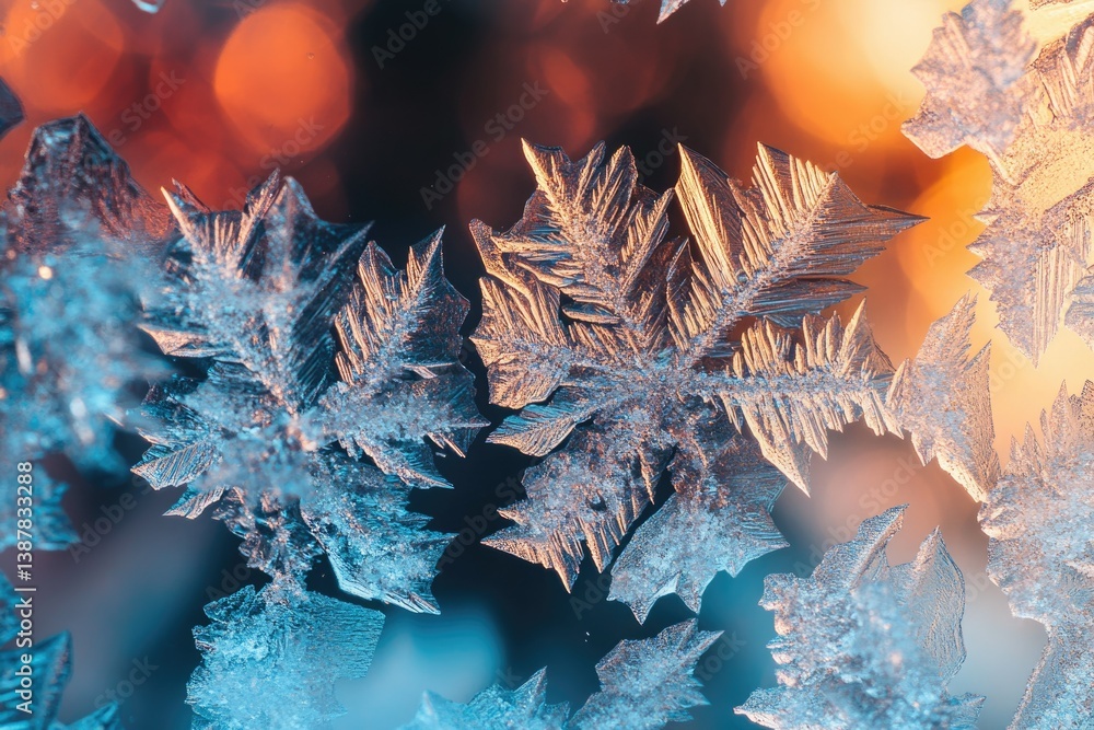Poster intricate ice crystals form delicate, frozen patterns on a windowpane, illuminated by warm, orange l