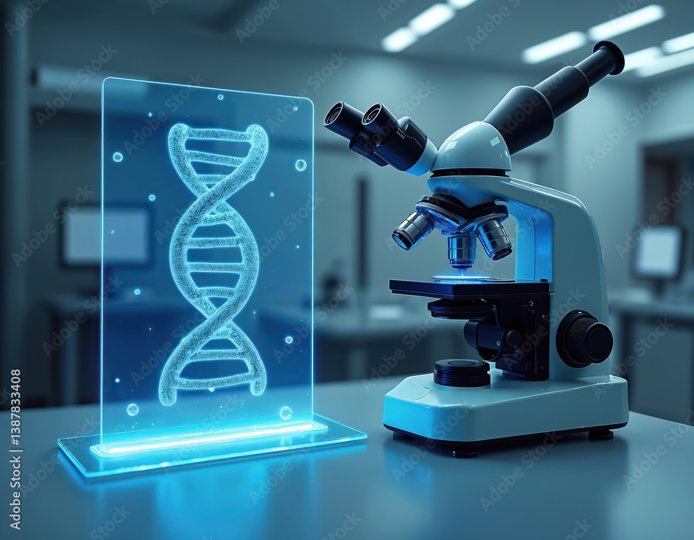 Poster futuristic illustration featuring microscope and holographic dna strand in biology lab. demonstrates