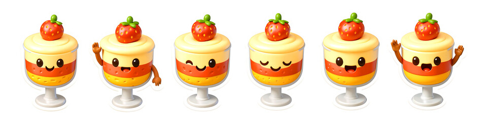 Dessert Delights: A whimsical assortment of cute, single-serving desserts, each crowned with a vibrant fruit topping, arranged with charming expressions and gestures.