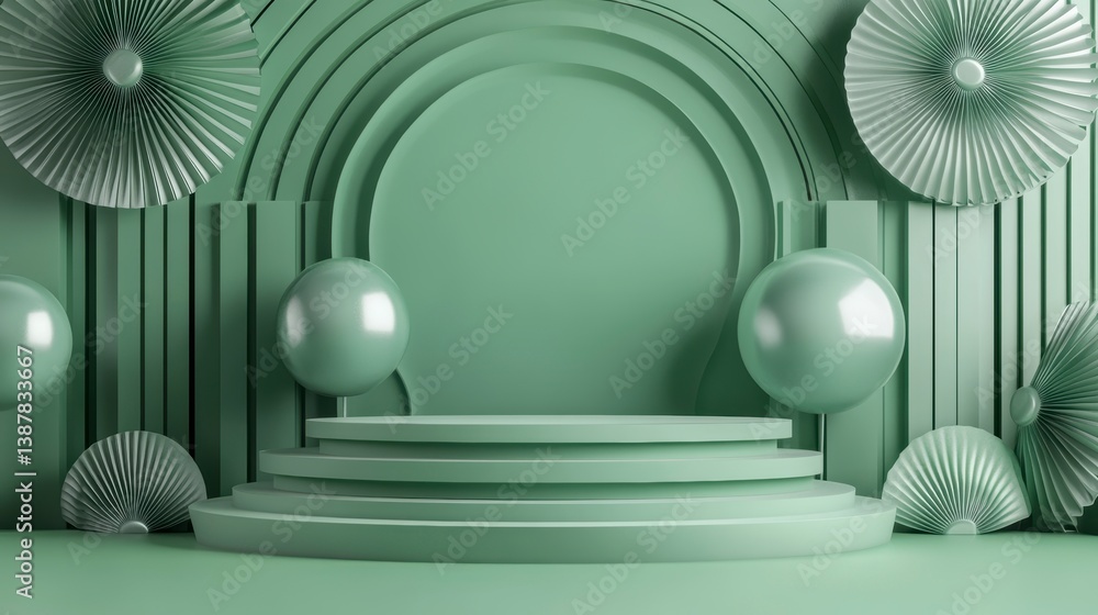 Aufkleber abstract green podium with geometric shapes and spheres for product display.
