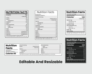 Nutrition Facts, vitamin facts, Supplement facts template set. food calories, fats, serving, dietary, and protein. Vector set.