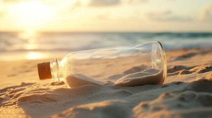 Message in a bottle resting on the sandy shore during a bright sunrise