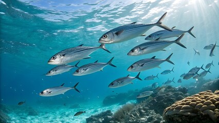 Fototapeta premium A high-resolution shot of tuna swimming over coral reefs, with sunlight filtering through the water.. Fish Atlantic bonito on white background.