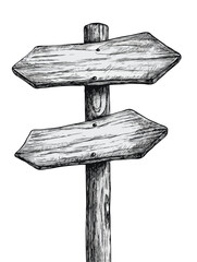 Two pointed wooden signs facing opposite directions on a wooden pole
